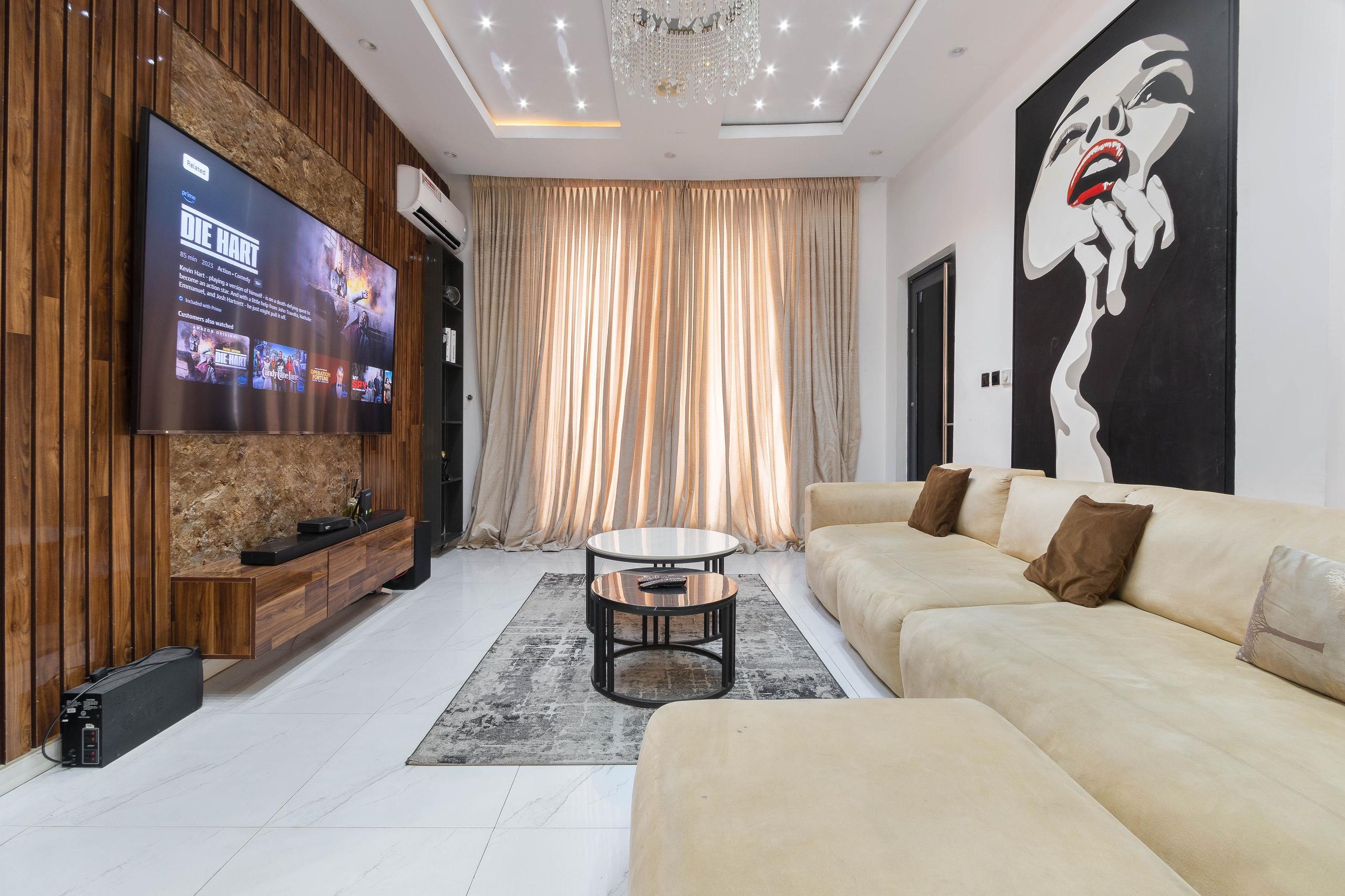Living Room with Starlight Ceiling and Crystal Chandelier